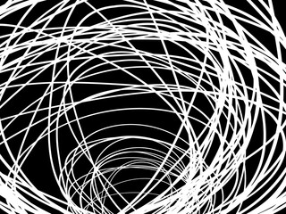 White tangled thread background. Circular abstract pen stroke vector illustration, on black background. Tangled scribbles hand drawn doodles. Vector illustration isolated on black background.