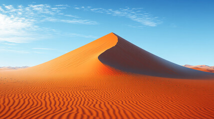 A majestic sand dune rises under a clear blue sky, showcasing the vibrant orange hues and intricate patterns of the desert landscape.