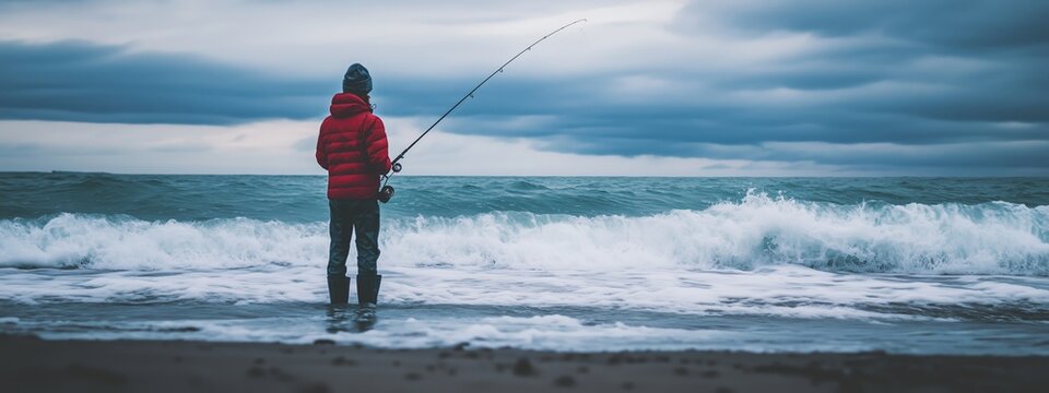 A person fishing on a shoreline under a cloudy sky during early evening at a tranquil beach