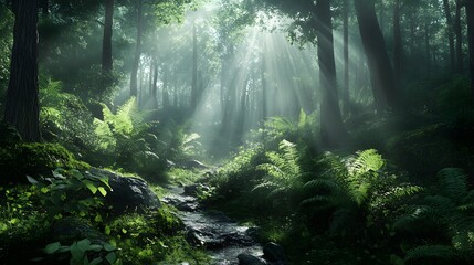 Obraz premium Sunlight Streaming Through a Foggy Forest