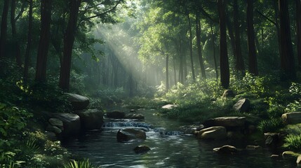 Obraz premium Sunbeams Through the Forest