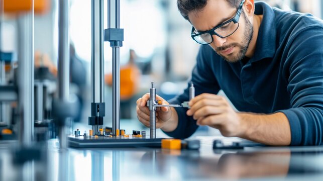 A male engineer in a blue shirt uses a caliper to measure a metal piece on a manufacturing table