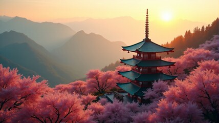 Obraz premium Chinese new year banner with copy space, Cherry blossom-covered mountains in the background with a temple at the forefront, symbolizing peace and prosperity.