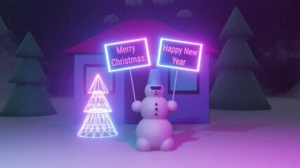 Fun Snowman with Posters of a Happy New Year and Merry Christmas Stands Near a Bright Neon Fir Tree and House in Cyberpunk Style Vertical Loopable 4K 3D Animation Stock Video - Powered by Adobe