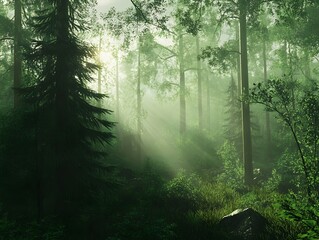 Naklejka premium Sunbeams through Misty Forest