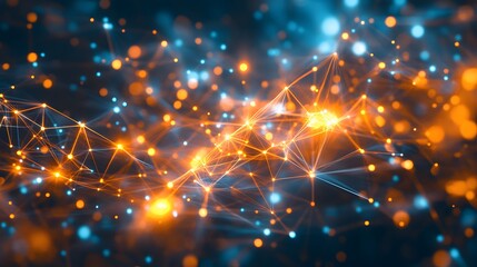 Fototapeta premium Abstract Network of Glowing Orange and Blue Points and Lines on a Dark Background