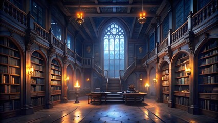 Fototapeta premium A grand, candlelit library with towering shelves and gothic architecture, offering a magical and historic atmosphere for endless knowledge and discovery.