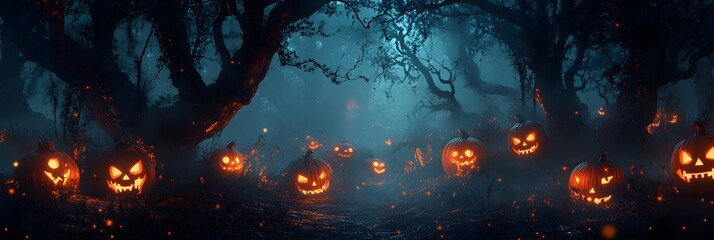 Fototapeta premium Glowing pumpkin heads in dark halloween magic forest