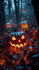 Glowing pumpkin heads in dark halloween magic forest