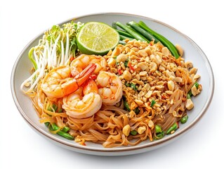 Plate of Pad Thai with stir-fried rice noodles, shrimp, peanuts, bean sprouts, and lime wedges Isolated on white background