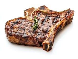 Perfectly cooked T-bone steak with crisp, charred edges and a succulent, juicy center, bone-in for added flavor Isolated on white background