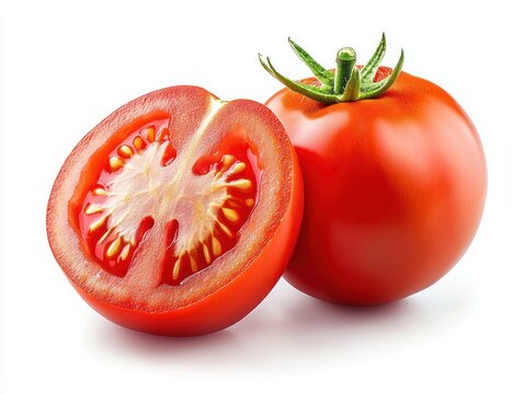 Ripe tomato cut in half showing the juicy interior and seeds Isolated on white background