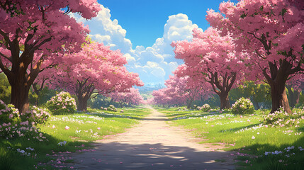 Fototapeta premium A serene path lined with blooming pink trees under a bright blue sky, perfect for tranquil nature scenes.
