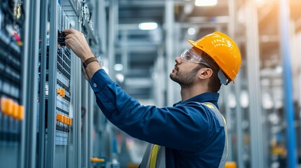 Electrician in Hard Hat Working on Electrical Panel