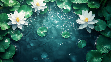 A serene pond filled with beautiful water lilies and vibrant green leaves, creating a peaceful natural setting.