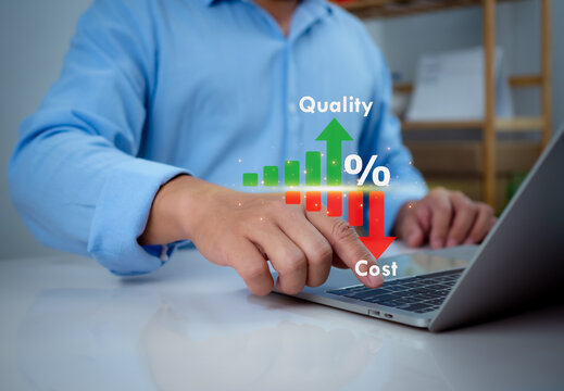 Businessman touching showing a quality control growth graph and cost reduction, Cost and quality control, Effective business, business strategy and project management concept.