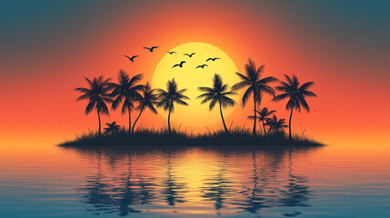 Obraz premium A serene sunset over a tranquil island featuring palm trees and flying birds, creating a picturesque tropical landscape.