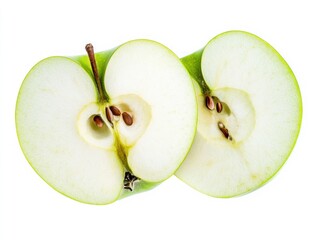 Green apple sliced in half, showing the crisp white flesh and small seeds inside Isolated on white background