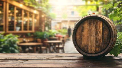 Outdoor Wine Presentation: Barrel on Table with Greenery and Store View