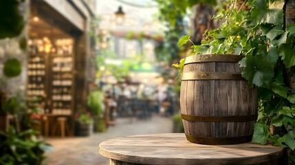 Outdoor Wine Presentation: Barrel on Table with Greenery and Store View