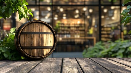 Outdoor Wine Presentation: Barrel on Table with Greenery and Store View