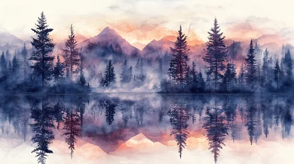 A serene watercolor landscape depicting misty mountains and reflective water surrounded by tall trees at sunrise.