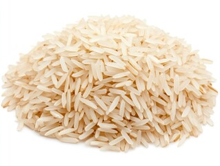 Close-up of cooked basmati rice with long, separate grains arranged neatly Isolated on white background