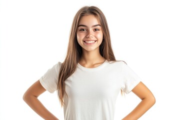 Cheerful girl with a wide grin looking directly at the camera wearing a simple t-shirt and standing with her hands on her hips Isolated on white background