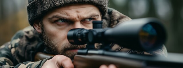 Obraz premium Hunter aiming with a scoped rifle during a calm autumn day in a forested area