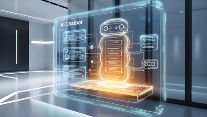 AI Chatbot Digital Blueprint - Architectural Design of a Futuristic AI System in a Modern High-Tech Setting