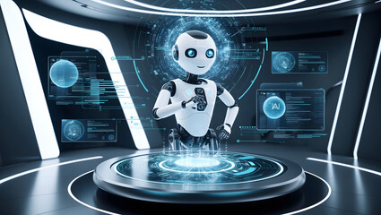 Futuristic AI Control Center - A Robot Interacting with Digital Interfaces in a High-Tech Environment