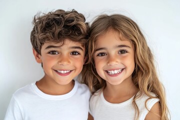 Adorable boy and girl smiling and showing healthy white teeth standing together while making direct eye contact with the camera Isolated on white background
