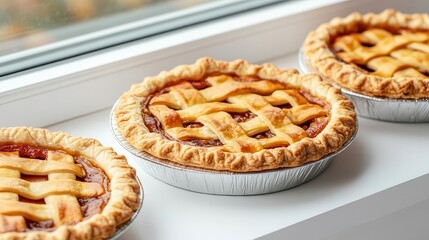Traditional Thanksgiving pies cooling on a windowsill on solid white background, single object