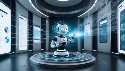 Futuristic AI in a High-Tech Control Room - Robot Interacting with Digital Data Interfaces