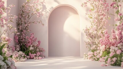 A serene, floral backdrop with an arch, ideal for events or photography.