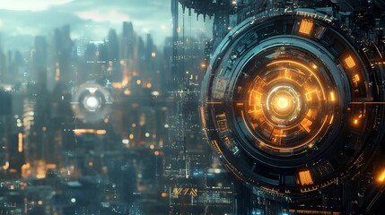 Futuristic Cityscape with Glowing Circular Structure