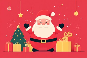 Santa Claus celebrating Christmas with presents and a tree on a festive red background.