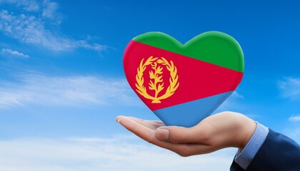 手で持っているエリトリアの国旗のハートと青空(Heart of Eritrea flag held in hand and blue sky.)
