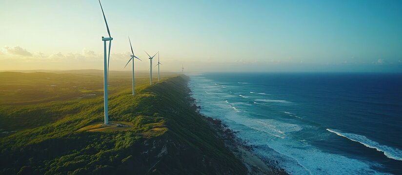 Wind turbines stand on a cliff overlooking a coastline with crashing waves.