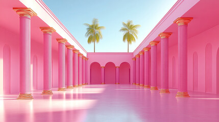 Obraz premium A vibrant pink interior with tall columns and palm trees, creating a bright, tropical ambiance perfect for modern design.