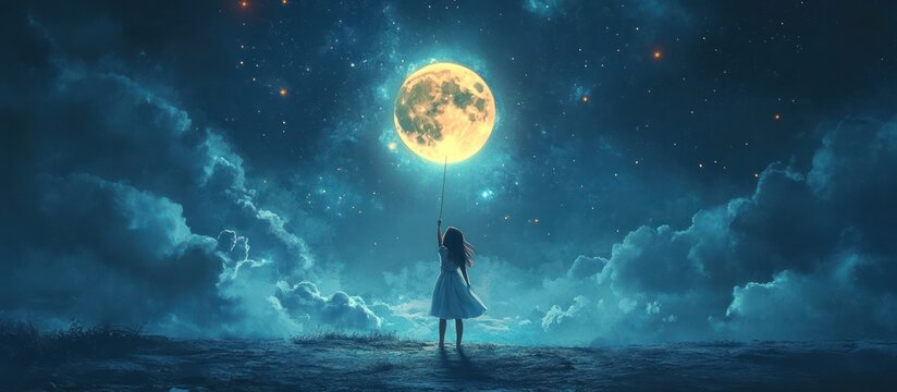 A young girl holds a giant moon in the night sky with a string.  The moon is glowing brightly and there are many stars in the sky.  The girl is wearing a white dress.  She is looking up at the moon.