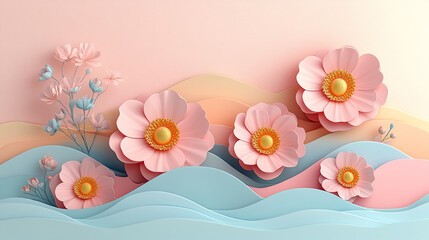 Beautiful paper flowers in soft pink and blue tones create a serene, artistic scene, perfect for home decor and design inspiration.