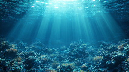 Beneath clear blue water, soft rays of sunlight illuminate vibrant coral formations teeming with marine life.