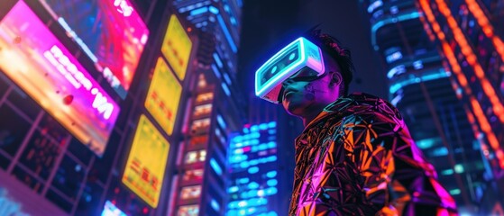 Fototapeta premium A futuristic figure wearing a VR headset amidst vibrant neon city lights.