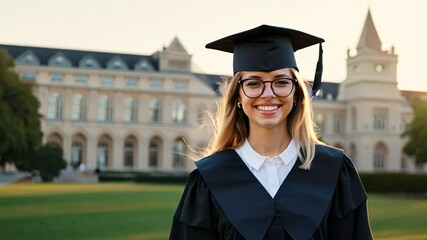 Happy college Caucasian graduate student with eyeglasses in academic hat and dark gown. Celebrating success: a female graduate radiates happiness today.