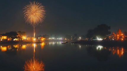 stunning display of fireworks lighting up the night sky during an Indian festival, with the reflection of the colorful explosions on a nearby lake