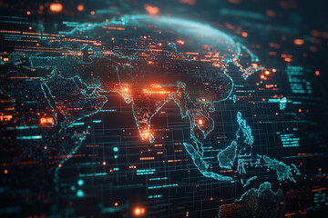 A digital globe with an Earth map and data points, surrounded by glowing lines of code in shades of teal and red, representing global cybersecurity information exchange between countries.

