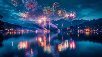 stunning display of fireworks lighting up the night sky during an Indian festival, with the reflection of the colorful explosions on a nearby lake