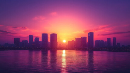 Fototapeta premium Stunning city skyline at sunset, showcasing vibrant hues reflecting on water, creating a peaceful and serene atmosphere.