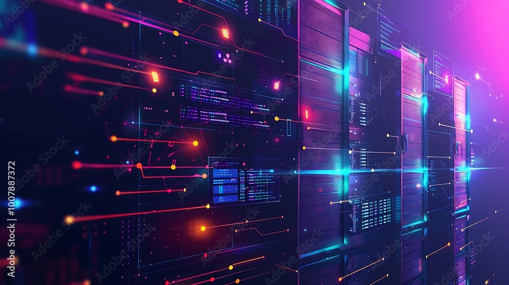 Poster abstract visualization of servers in a digital network with glowing lines and data transferring.